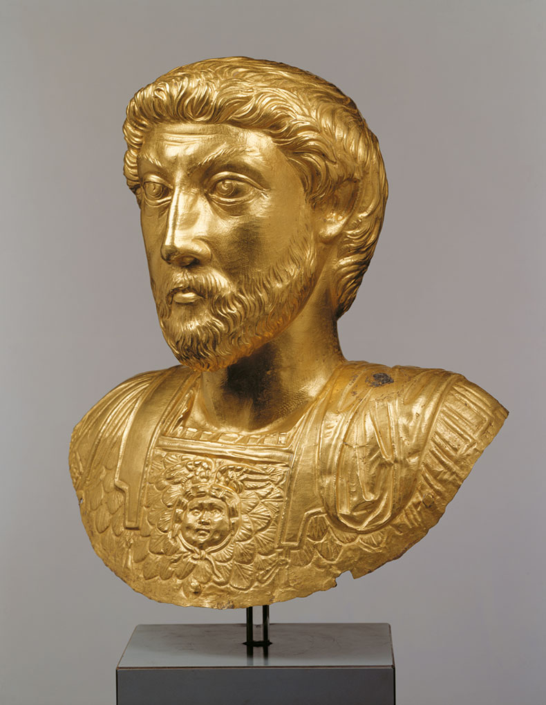 Bust of Marcus Aurelius, Roman (detail; 161–180 AD). Roman site and Museum of Avenches and Cantonal Museum of Archeology and History, State of Vaud 