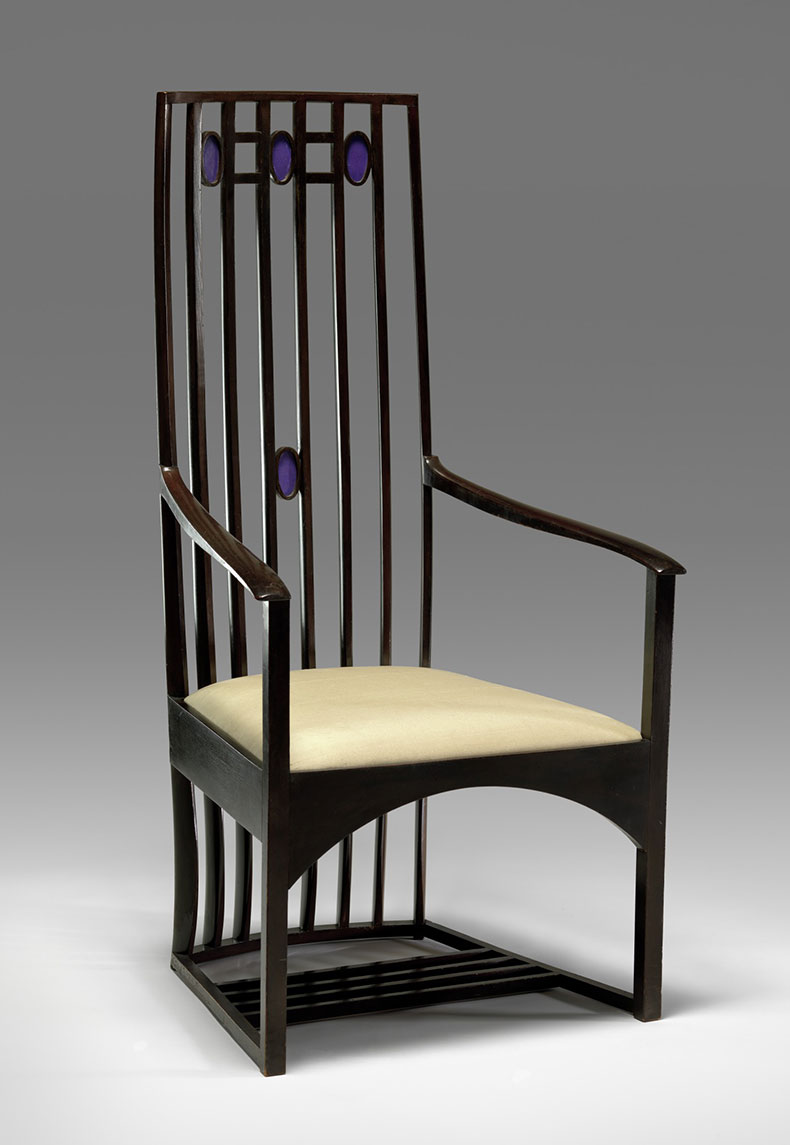 High-backed wooden armchair