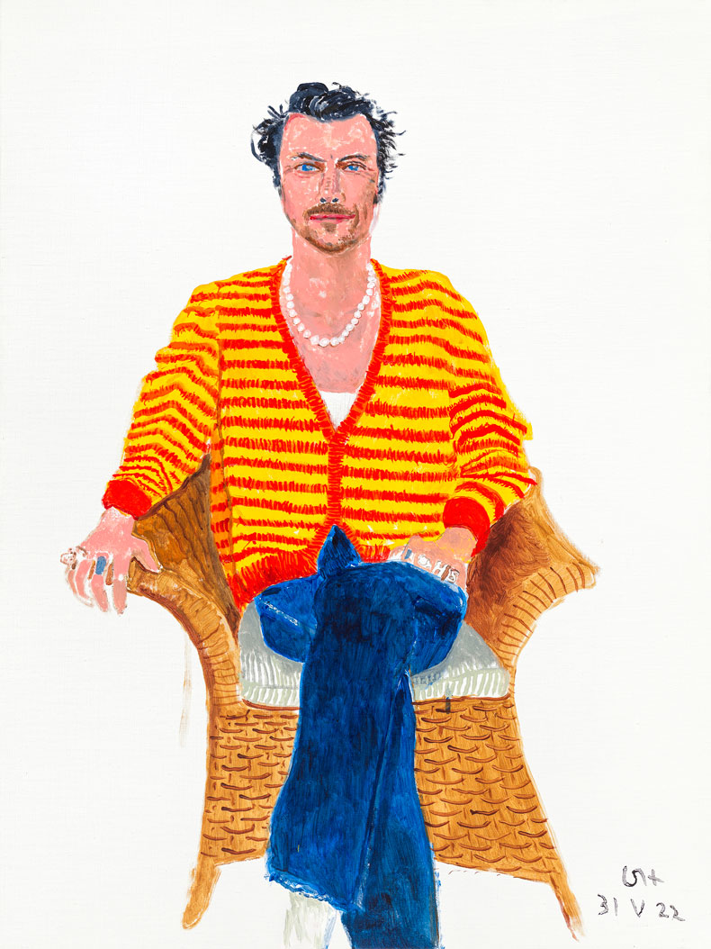 Painting of Harry Styles wearing blue jeans and a stripy cardigan 